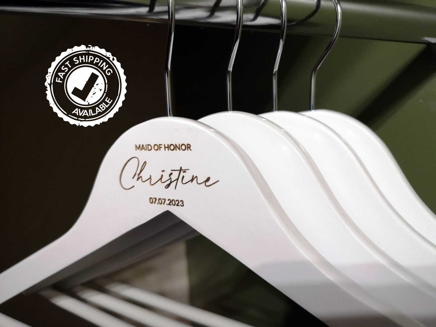 Engraved Dress Hanger for Bridesmaid / Maid of Honor #1 white