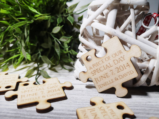 Personalized Wedding Puzzle Favors For Quests -  Engraved Wooden Jigsaw Piece