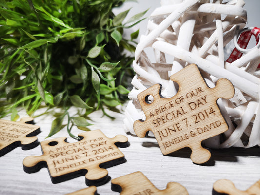 Personalized Wedding Puzzle Favors For Quests -  Engraved Wooden Jigsaw Piece